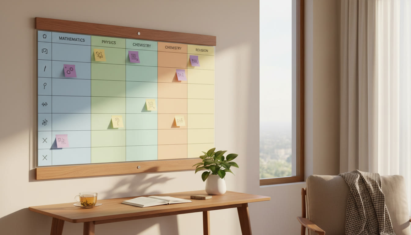 Photo Idea : A wall-mounted study chart with color-coded weekly plans and sticky notes