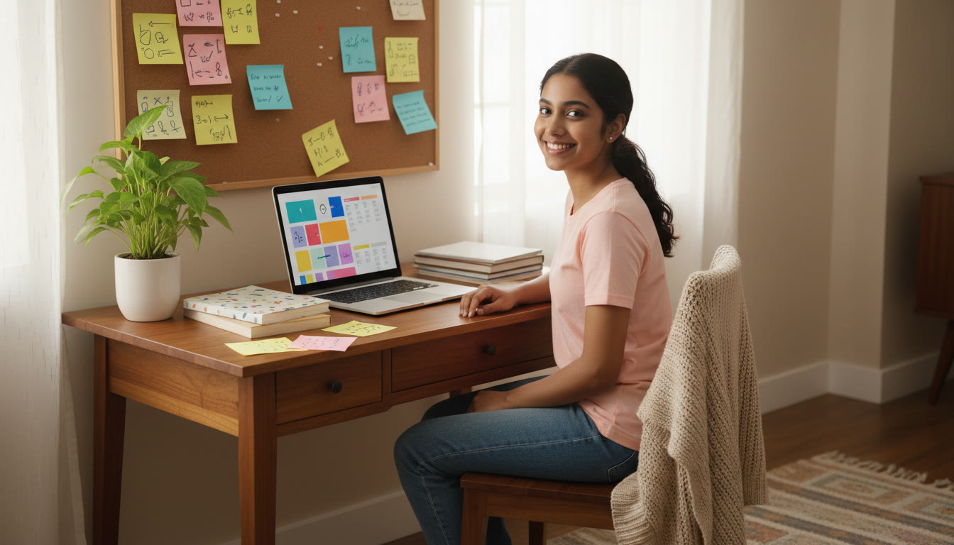 Photo Idea : a student at a tidy desk with a laptop showing a personalized study plan and colourful hand-written notes around