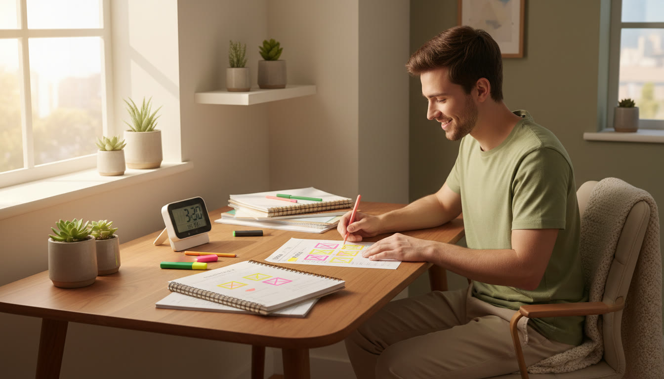 Photo Idea : A student analyzing a mock test paper with a timer, notes, and a highlighted error log