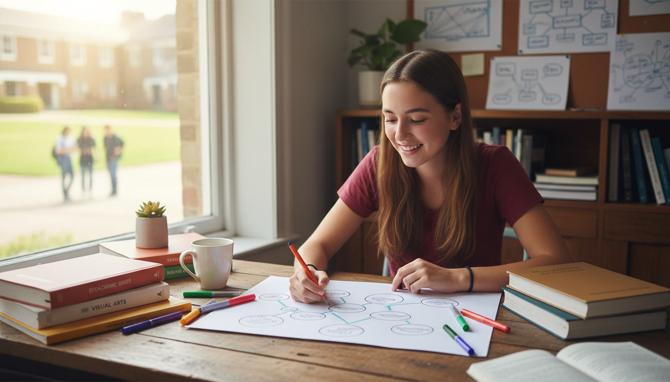 Photo Idea : A thoughtful student at a desk surrounded by notebooks and subject guides, mapping options on a sheet of paper