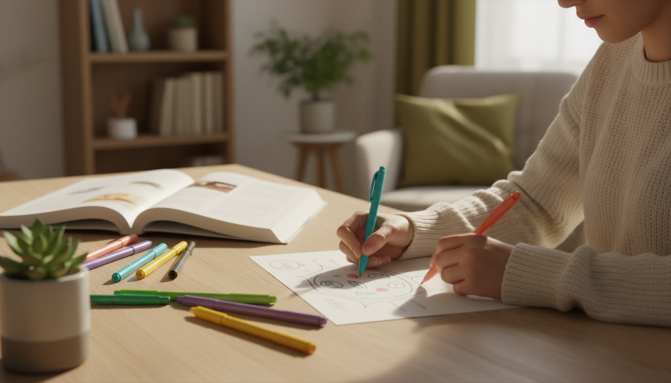 Photo Idea : Close-up of a student annotating a biology diagram with colored pens on a desk
