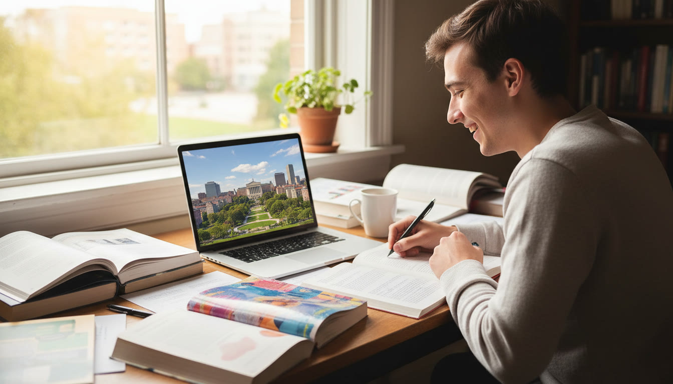 Photo Idea : A focused IB student studying with books open, a laptop showing Columbia’s campus skyline on the screen