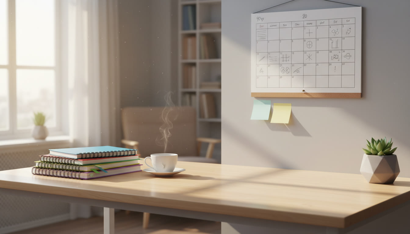 Photo Idea : A tidy desk with color-coded notebooks, a wall calendar marked with a 90-day plan, a cup of tea, and soft morning light