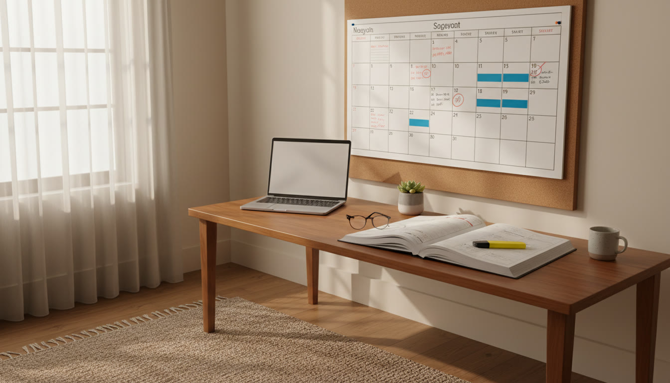 Photo Idea : Calendar marked with mock-test days, revision blocks, and a highlighted error-log notebook.