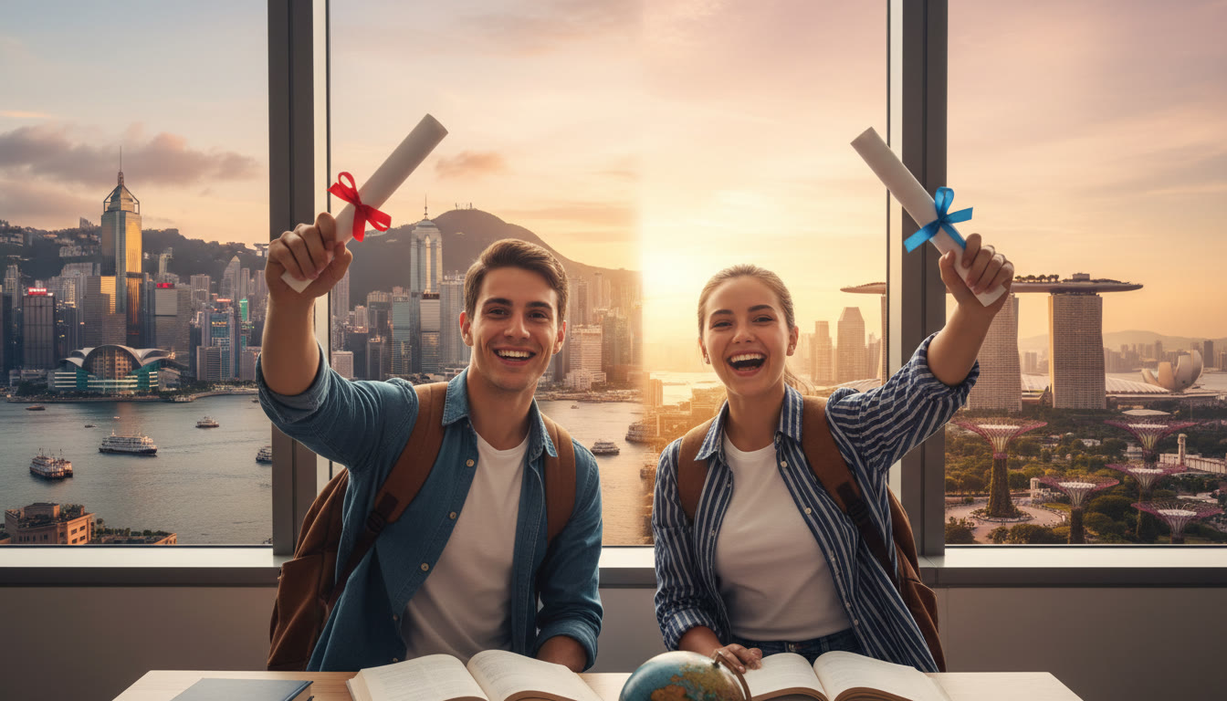 Photo Idea : Two IB students holding acceptance letters with Hong Kong and Singapore skylines in the background
