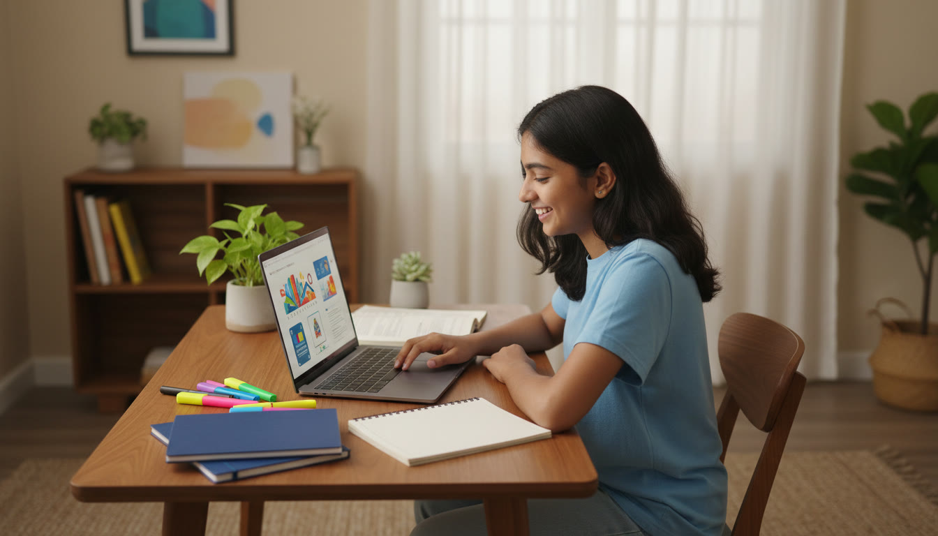 Photo Idea : A focused student at a desk with two notebooks labelled 