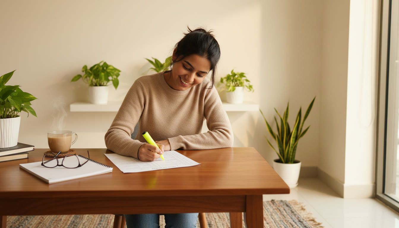 Photo Idea : A student reviewing a mock test answer sheet with a highlighter and a notebook labeled