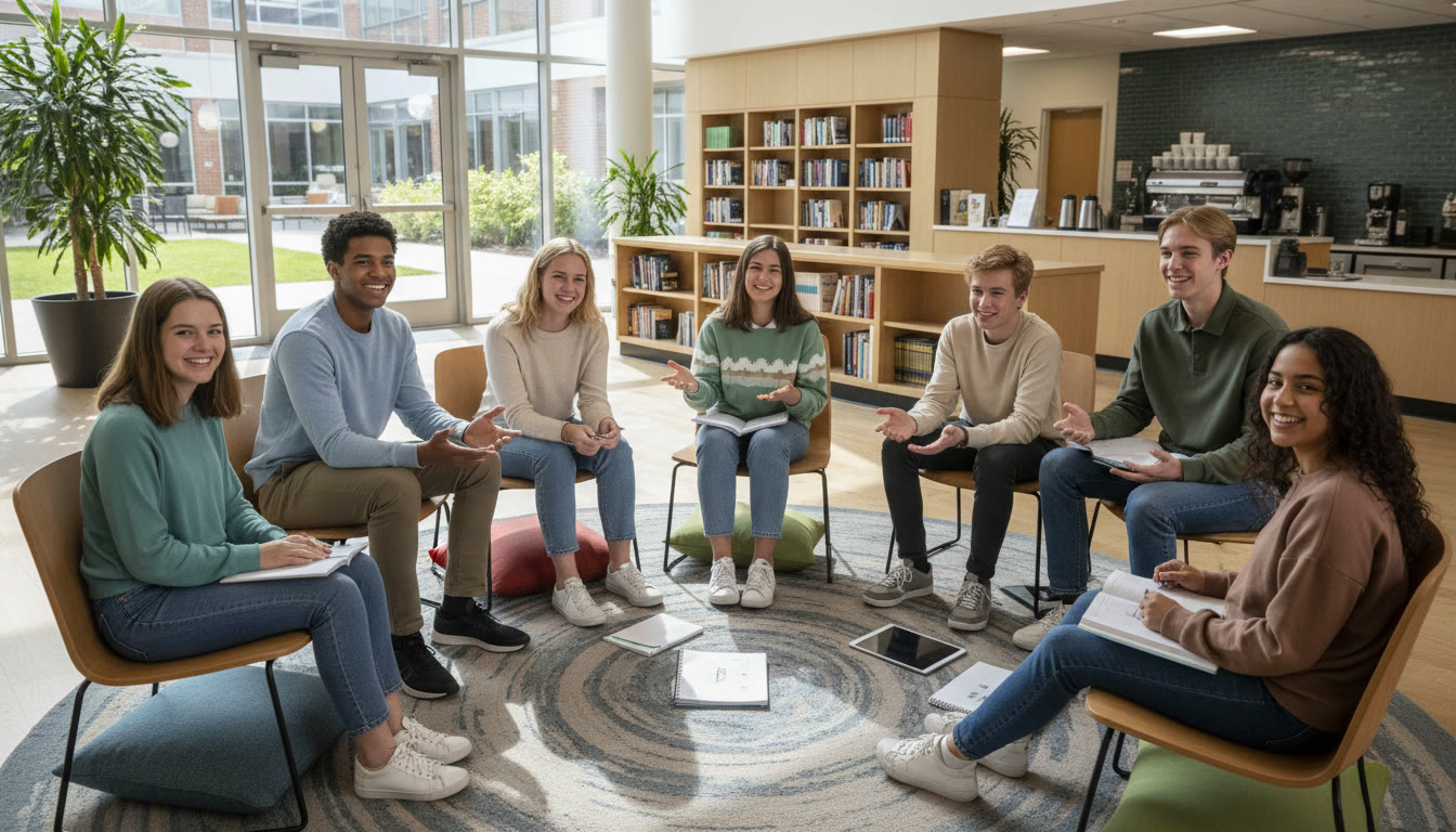 Photo Idea : Students sitting in a circle in a school common area, engaged in a calm group conversation