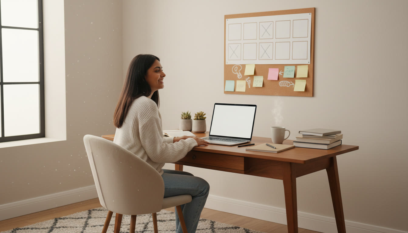 Photo Idea : Student at a desk with a wall calendar showing a six-month countdown, books, laptop, and sticky notes