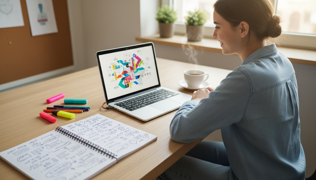 Photo Idea : Student at a tidy desk, laptop open, handwritten notes, coloured highlighters, a small coffee cup