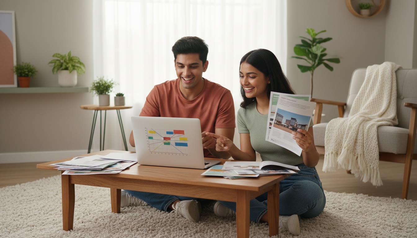 Photo Idea : Two students comparing college brochures and a laptop showing a preference matrix