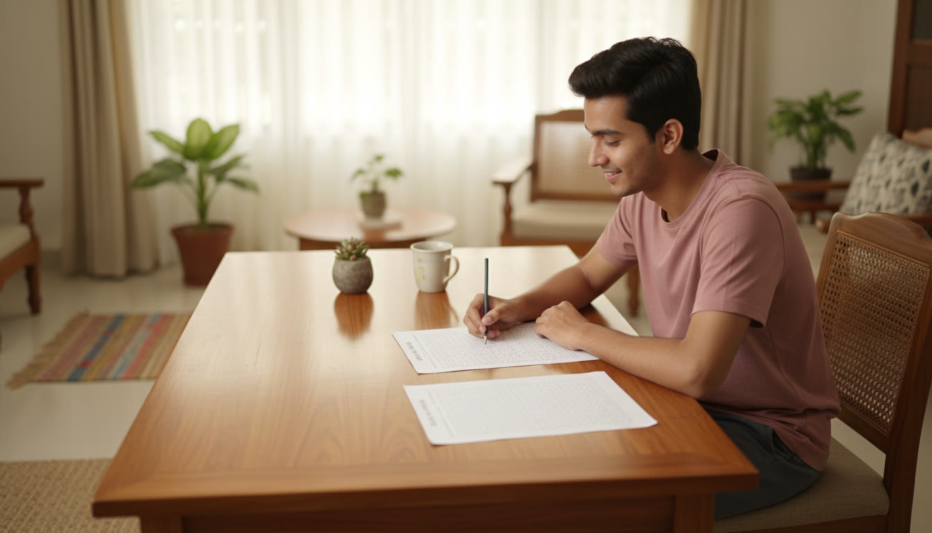 Photo Idea : A focused student at a desk practicing with a full-length mock test paper and an OMR sheet beside them.