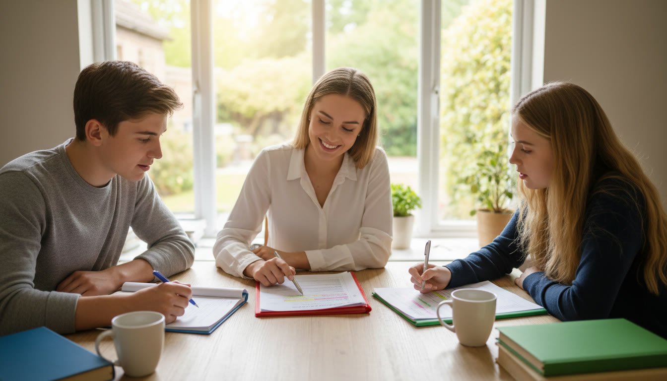 Photo Idea : Small group tutoring session with student and tutor discussing marked mock papers