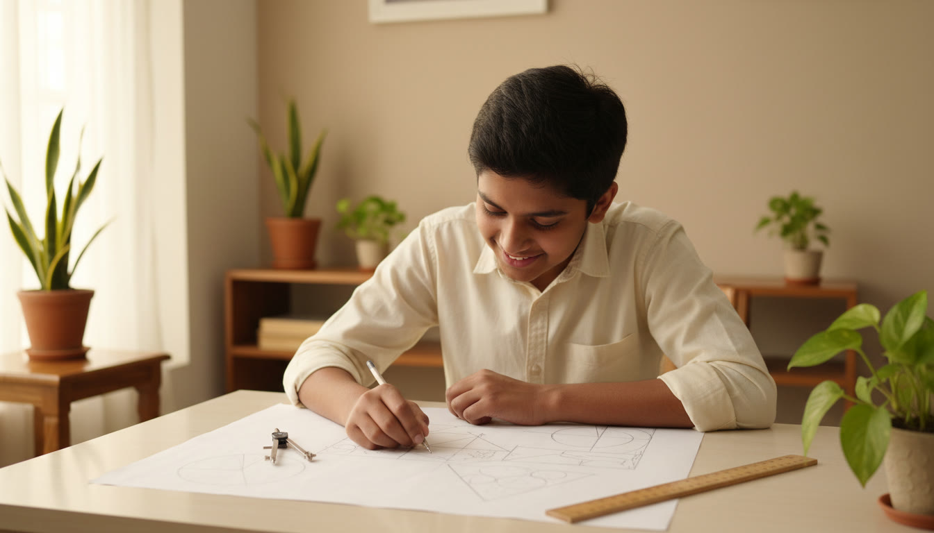 Photo Idea : A student solving a geometry problem on paper, with a ruler and compass nearby, showing focused problem-solving and neat workings.