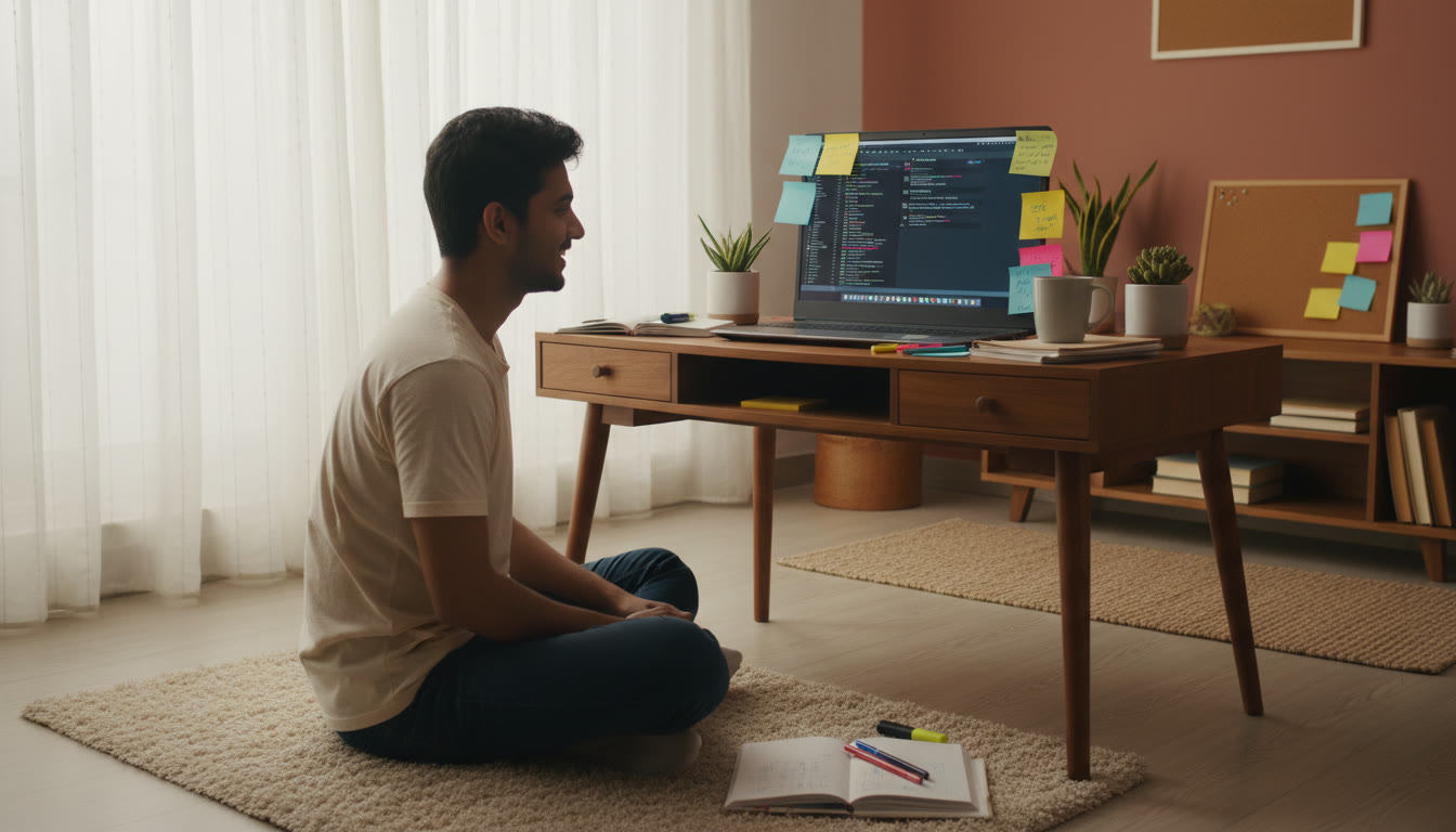 Photo Idea : student reviewing an error log with sticky notes and colored pens