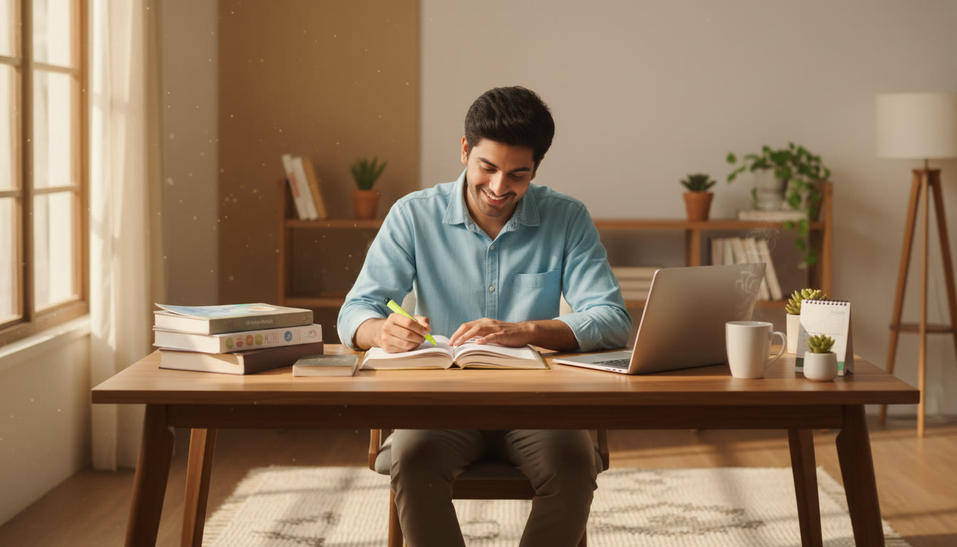 Photo Idea : A focused student at a tidy desk with NEET and school books, a laptop, and a warm cup of tea by morning light.
