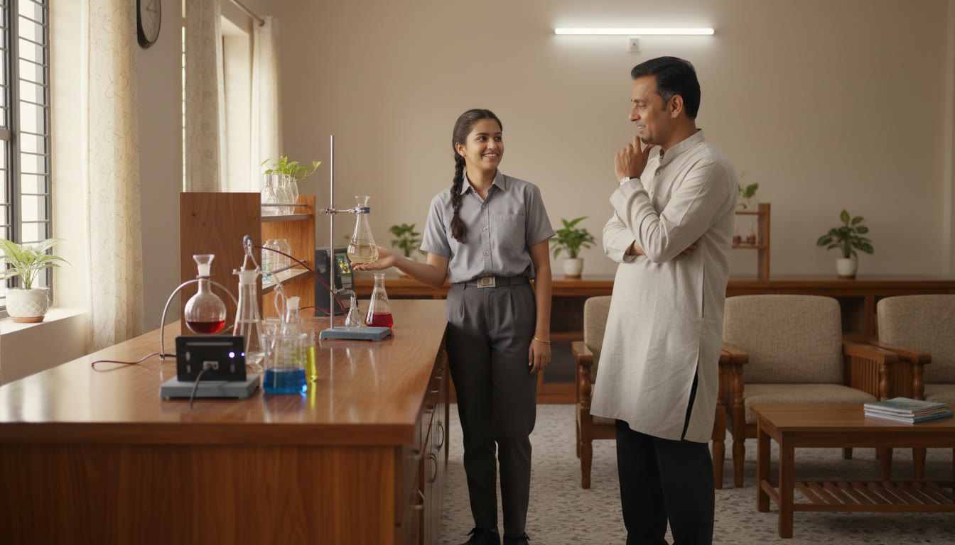 Photo Idea : Student confidently explaining a scientific setup to an examiner in a well-lit school lab