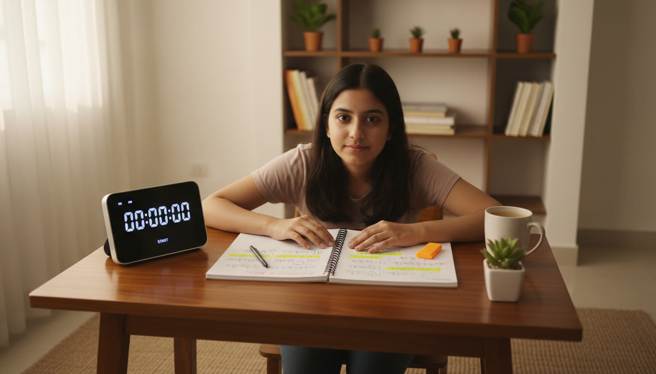 Photo Idea : Focused student at a tidy desk with a timer, notebook with highlighted formulas, and a calm expression