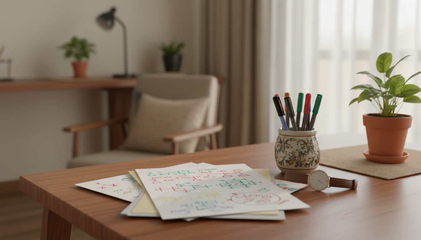 Photo Idea : A neat error log on a desk with colored pens and a watch