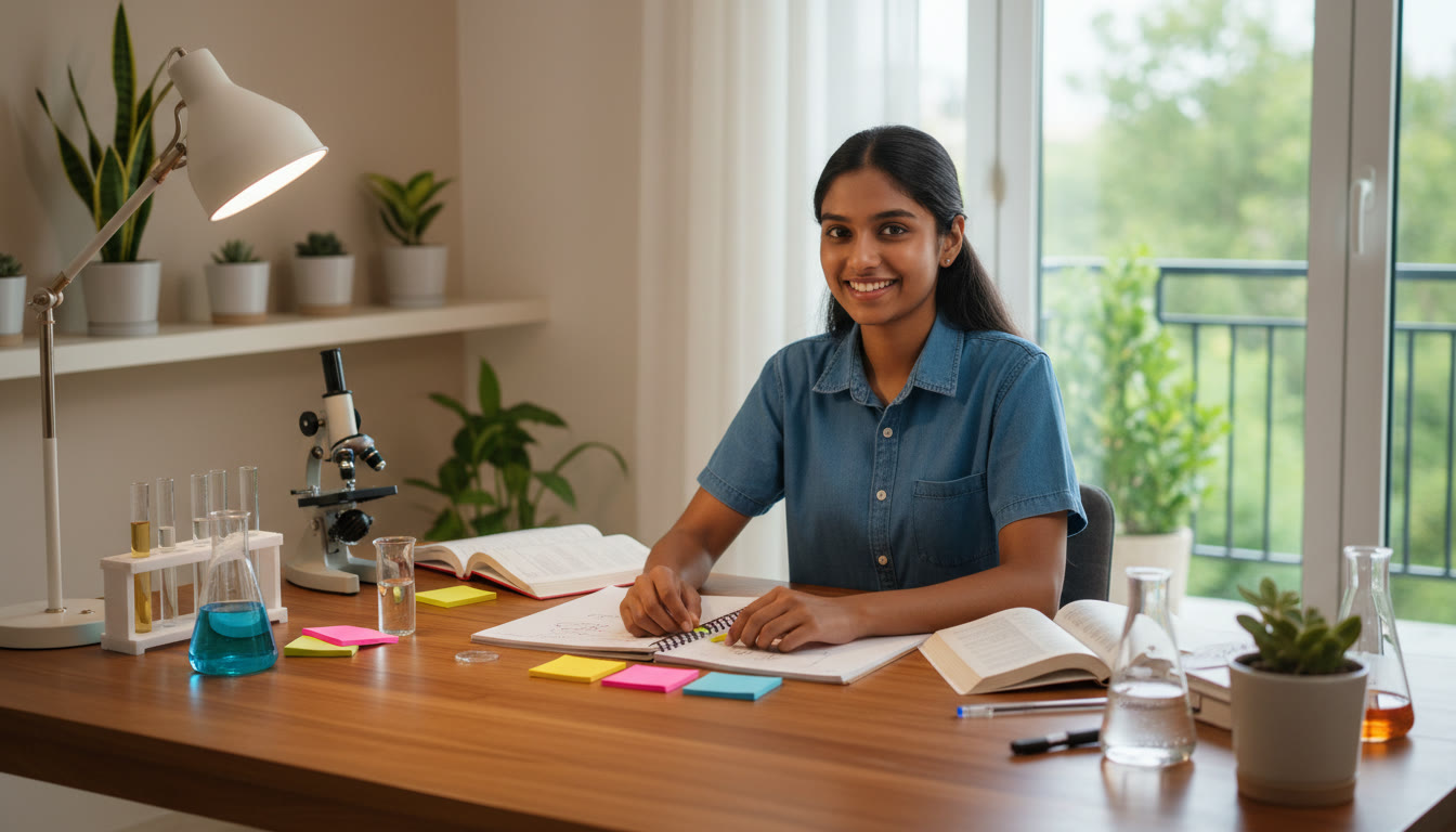 Photo Idea : Student organizing neat lab notes and instruments on a wooden table
