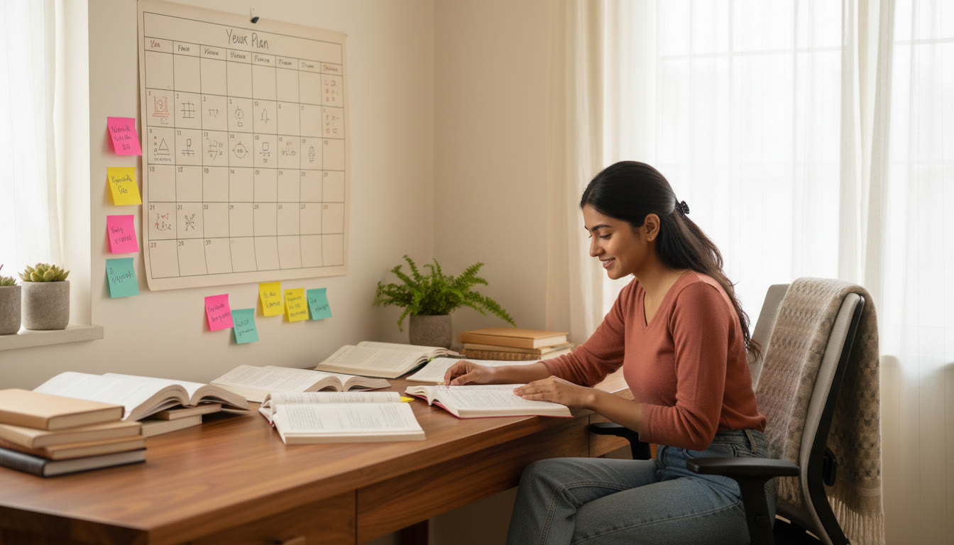 Photo Idea : A focused student at a desk with textbooks, sticky notes, and a large calendar marked with a four-year plan