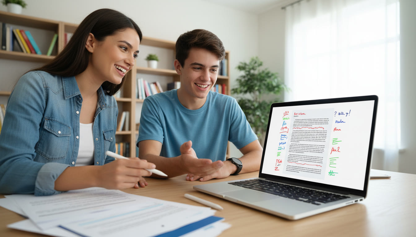 Photo Idea : Student and tutor reviewing a marked essay with a laptop showing annotated feedback