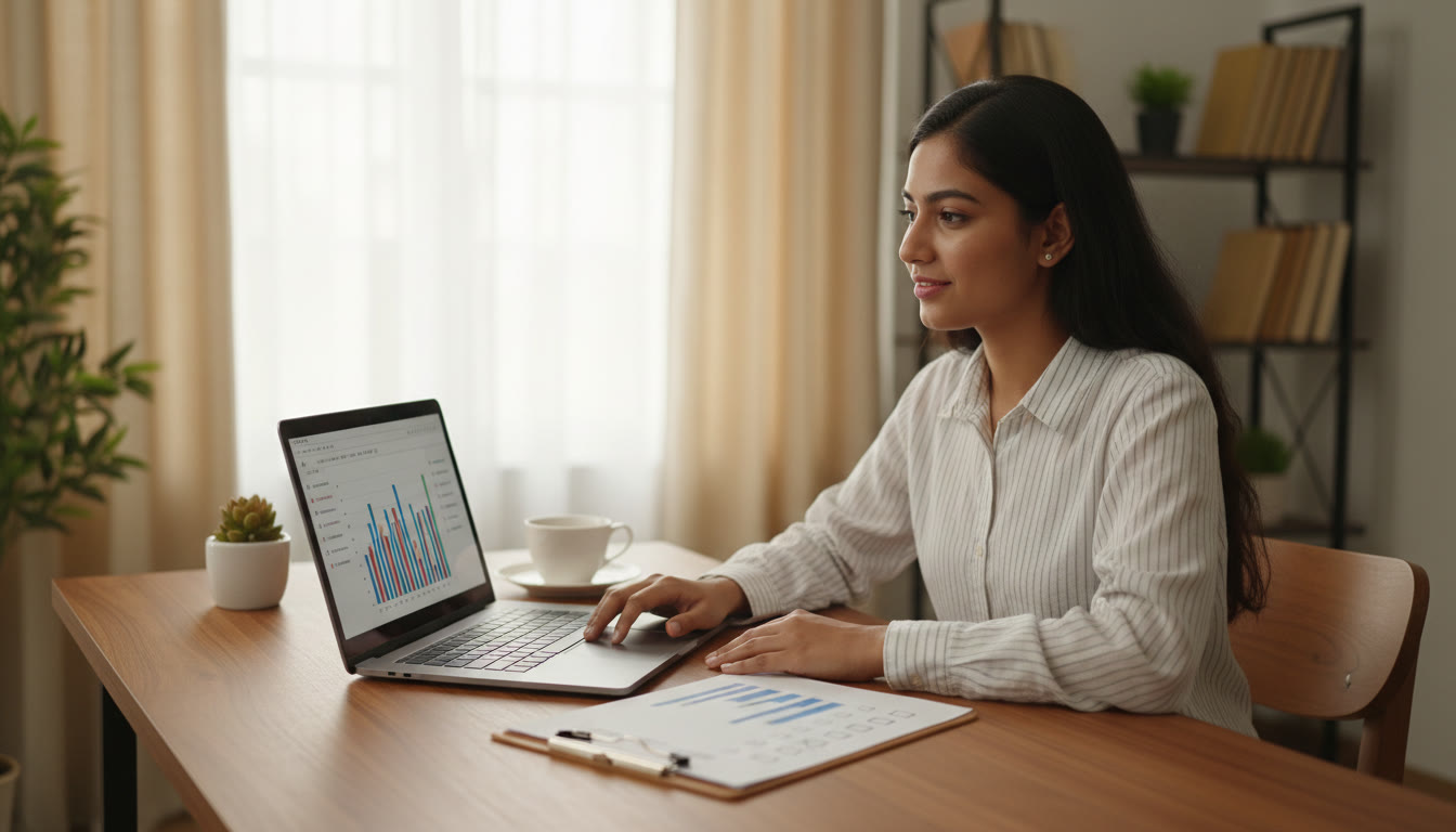 Photo Idea : Student at a desk with laptop, printed rank card, and a checklist, looking focused