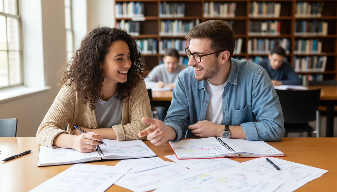 Photo Idea : Two students discussing annotated drafts across a library table with notebooks and pens