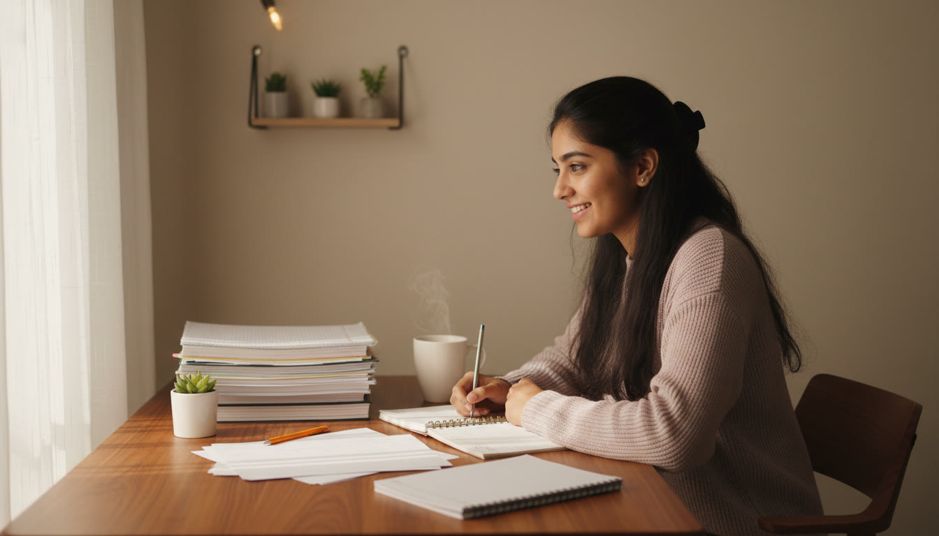 Photo Idea : A focused Class 12 student at a desk with neatly organized notes, a planner, and a cup of tea
