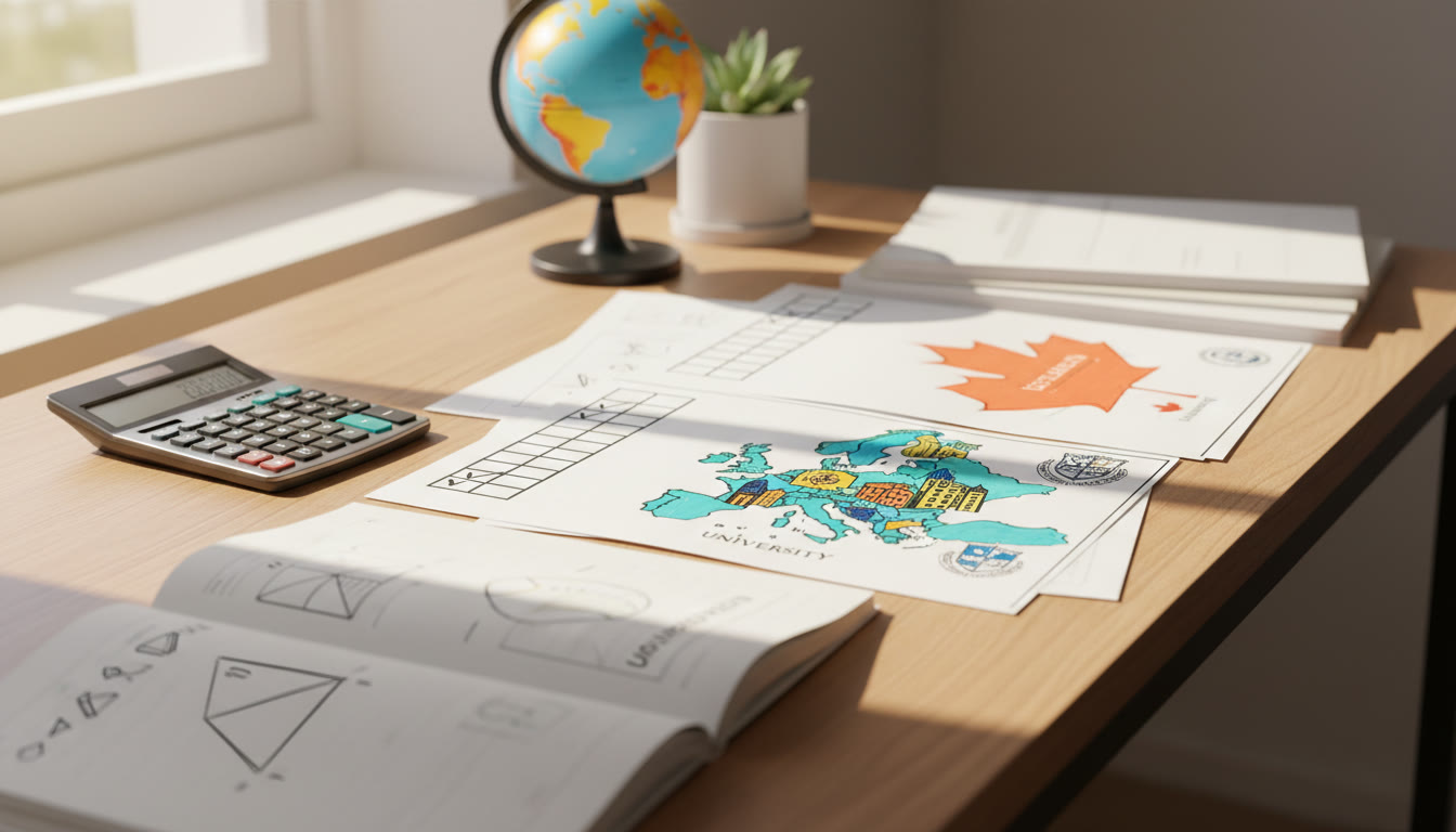 Photo Idea : Close-up of an IB student’s desk with notebooks, a calculator, and application checklists for Europe and Canada