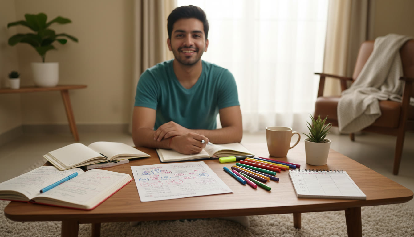 Photo Idea : Student analyzing a mock test paper with colored pens, notes, and a small notepad for error types