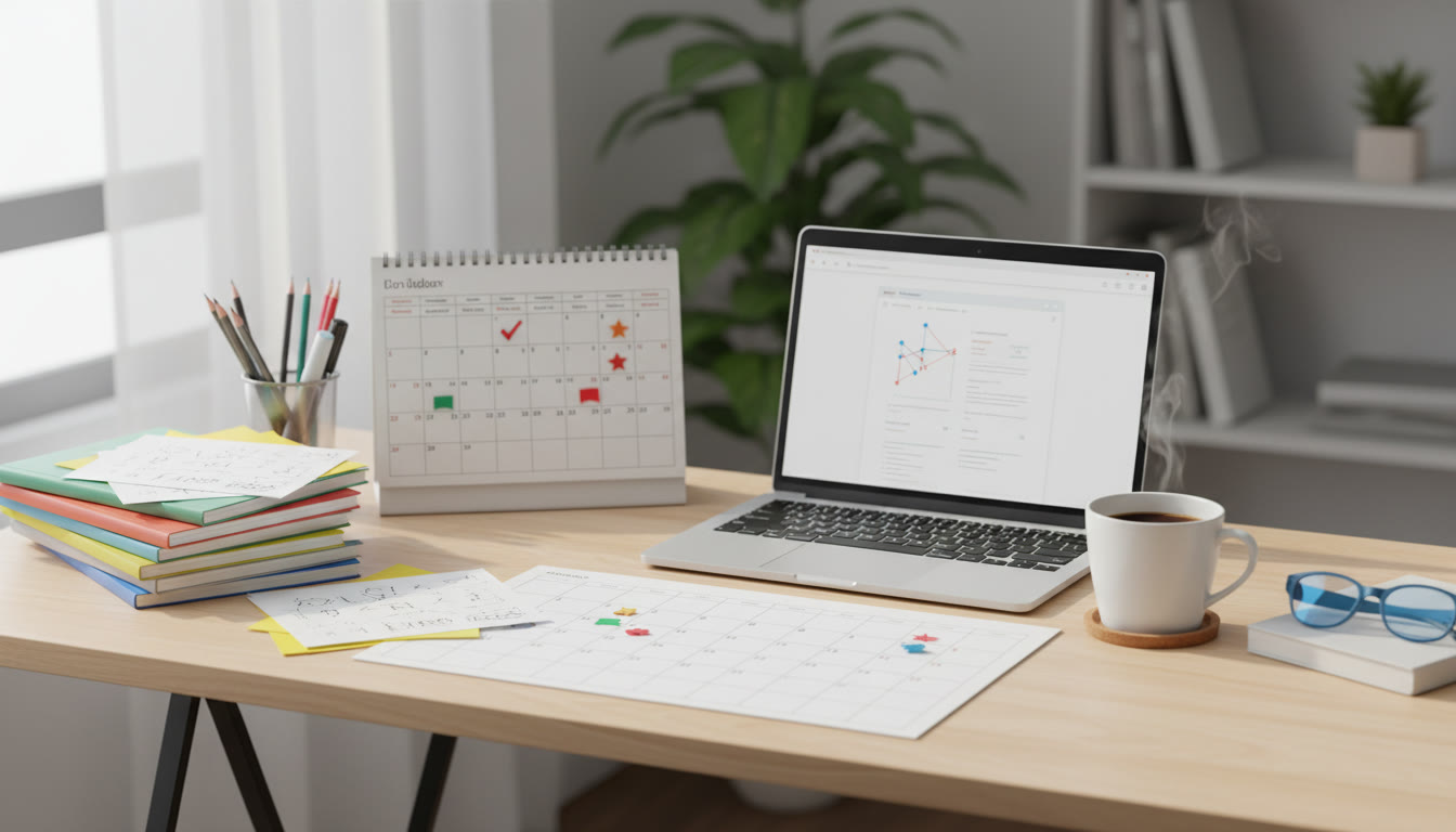 Photo Idea : A tidy study desk with colour-coded revision notes, a calendar with milestone stickers, and a cup of coffee beside a laptop showing an IA draft.