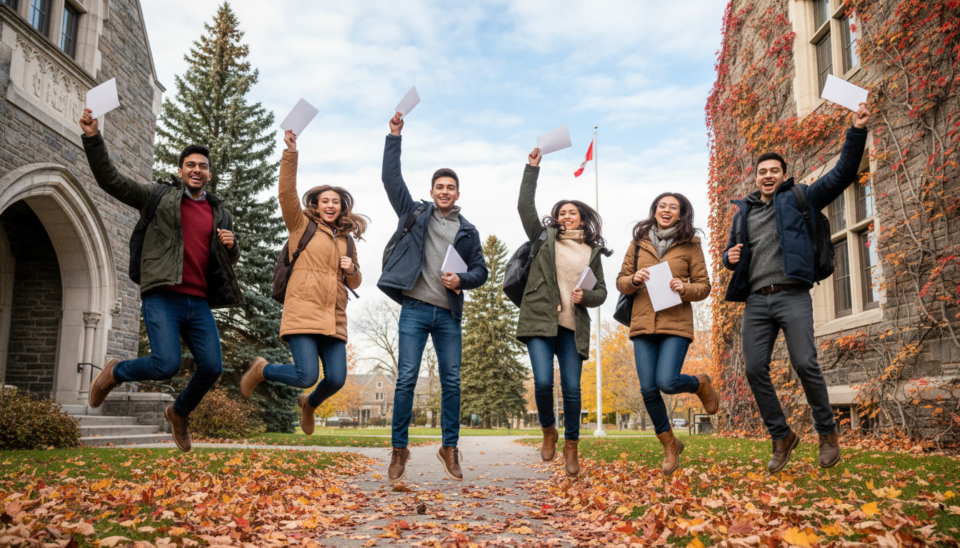 Photo Idea : A diverse group of IB students celebrating outside a Canadian university building, holding acceptance letters and backpacks