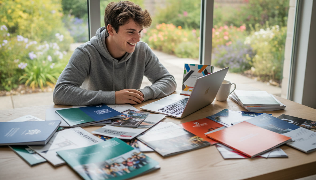 Photo Idea : IB student at desk surrounded by university brochures and a laptop