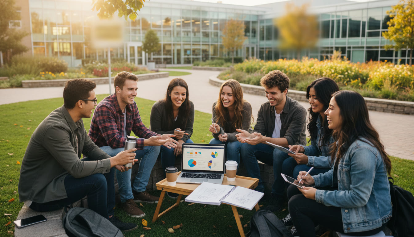 Photo Idea : Students meeting outdoors around a laptop and a notebook, planning a community project