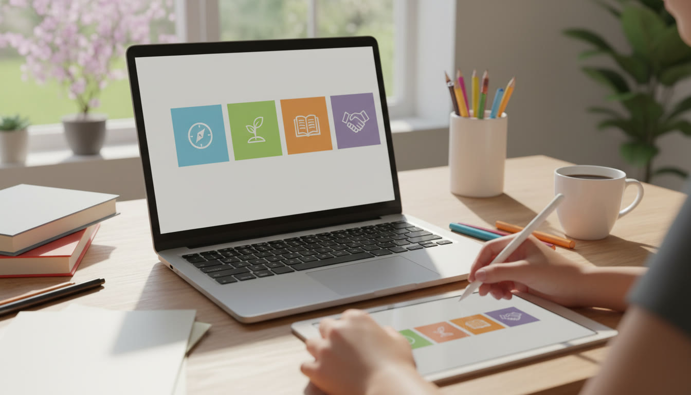 Photo Idea : A laptop screen showing a clean digital portfolio layout with folders labeled CAS, EE, TOK, and Activities