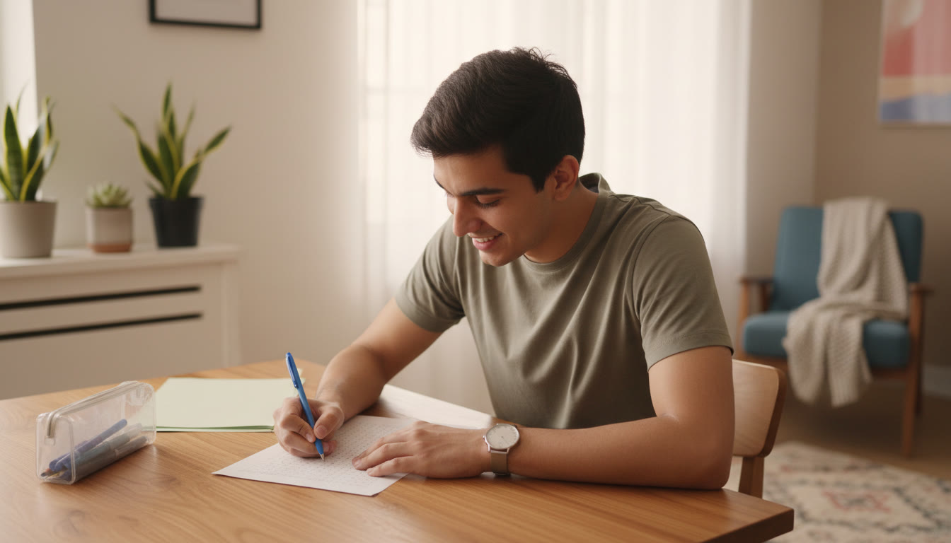 Photo Idea : A student calmly filling an answer sheet with a clean desk and a watch showing time