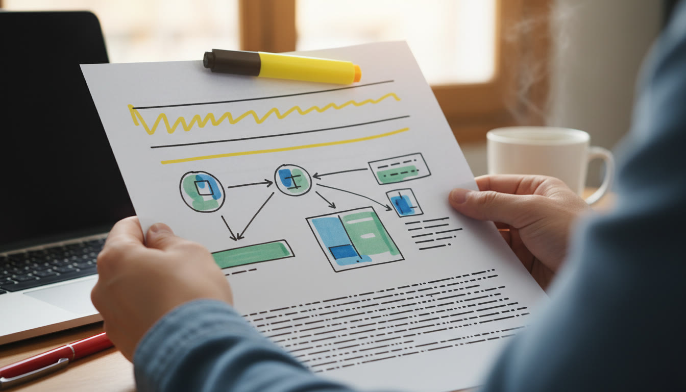 Photo Idea : close-up of a marked-up draft with highlighted signposts, labelled figures, and a neat bibliography