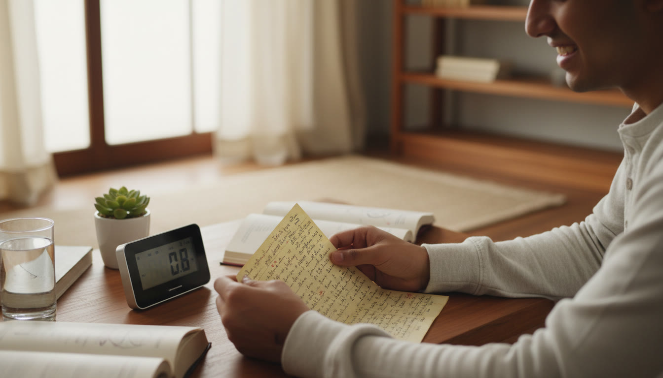 Photo Idea : Close-up of a student flipping through a compact handwritten formula sheet while a timer runs