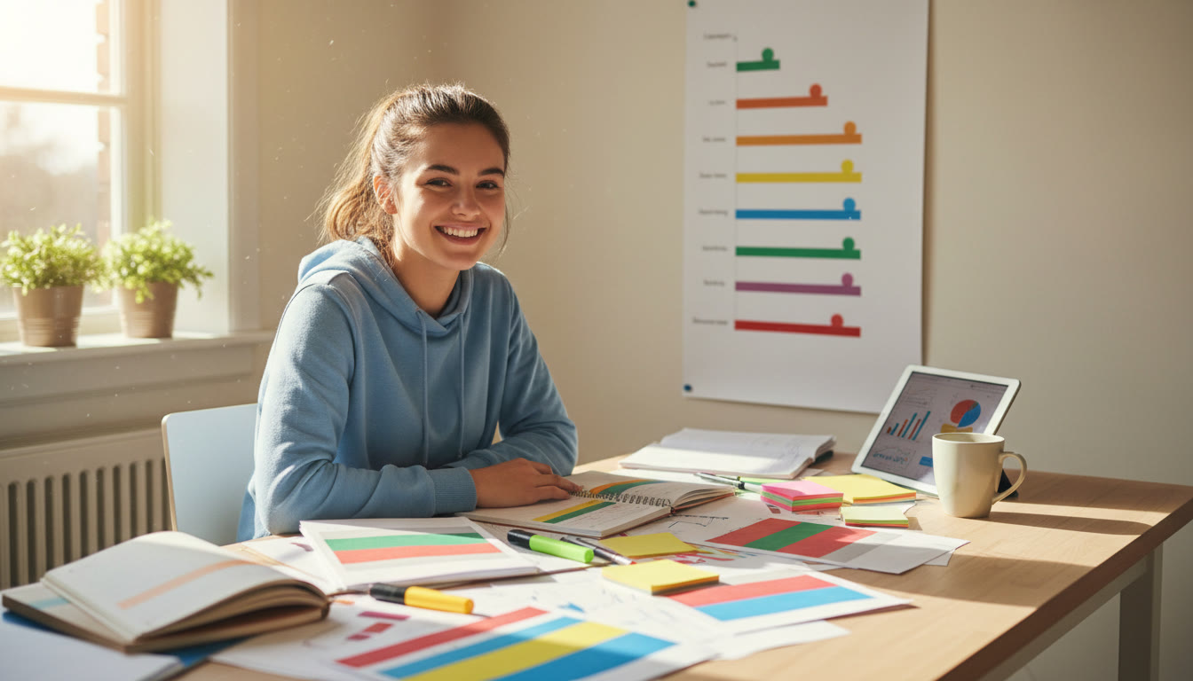 Photo Idea : A student at a desk with color-coded notes and a progress ladder chart pinned to the wall