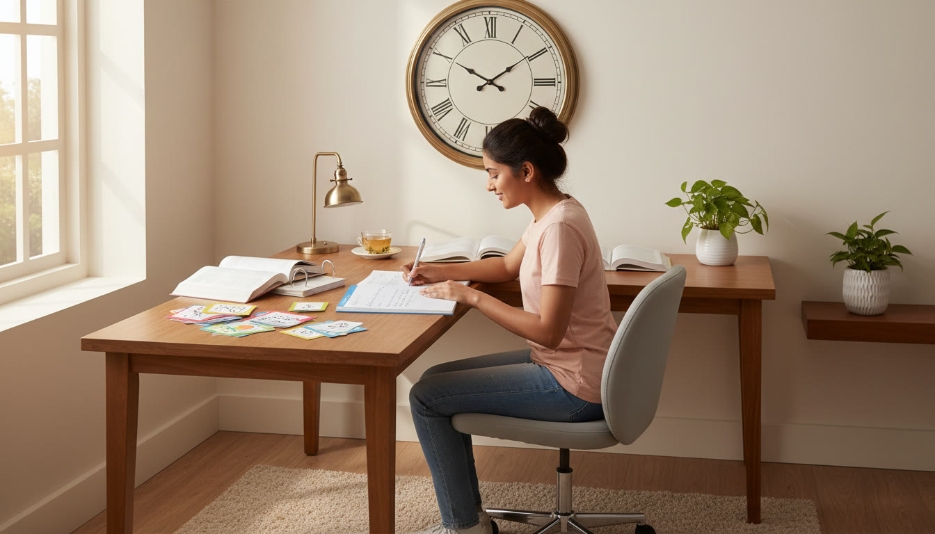 Photo Idea : Student at a study desk writing a timed mock test with a visible clock and neatly arranged revision notes