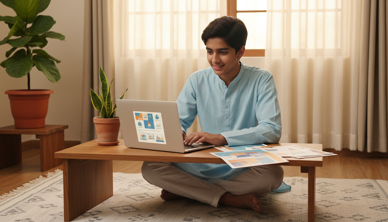 Photo Idea : A focused student at a desk, laptop open to a counseling portal, with college brochures spread out.