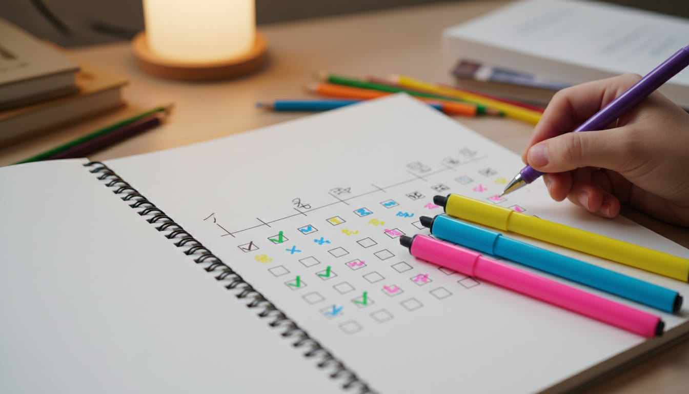 Photo Idea : close-up of a student’s notebook with a timeline, checkboxes and colored highlighters