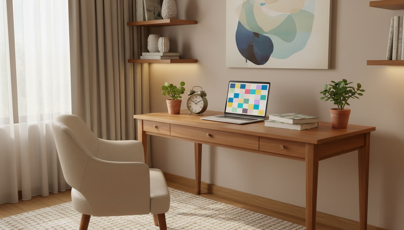 Photo Idea : Student at a tidy desk with NEET books, a clock, and a laptop showing a study timetable