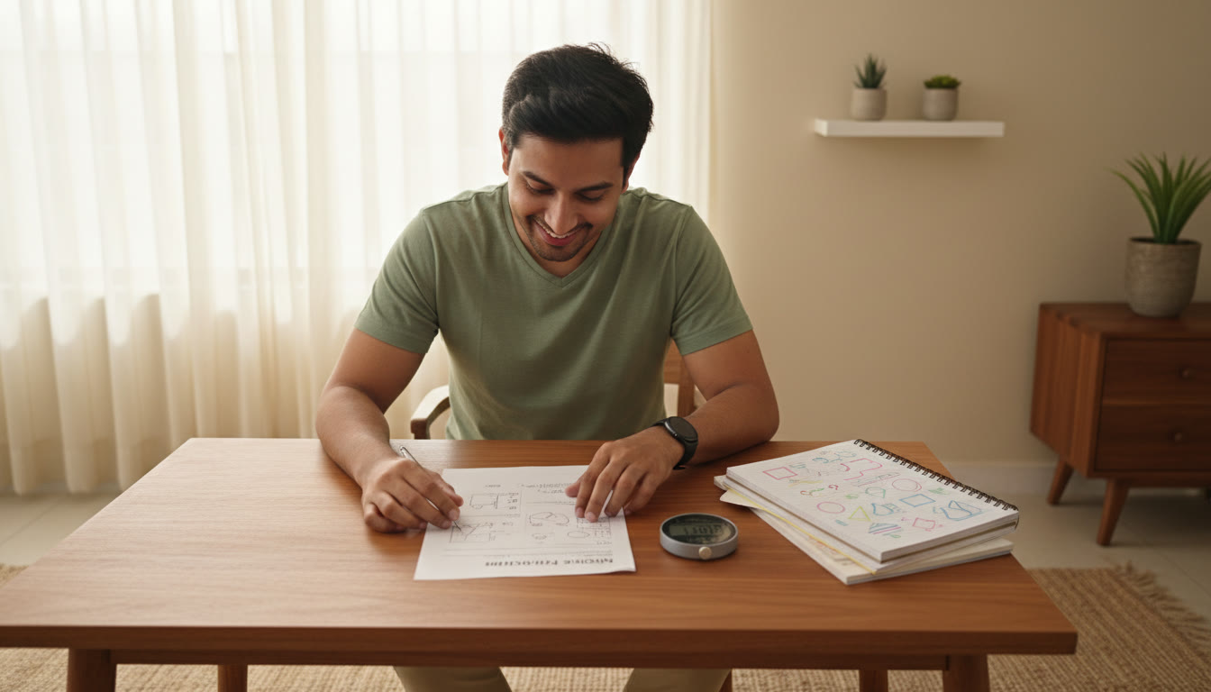 Photo Idea : A student at a study table with a printed mock-answer sheet, a stopwatch, and neat notes.