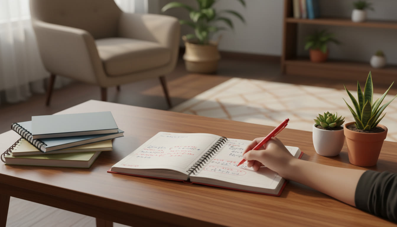Photo Idea : A small study table with neat notebooks, an error-log open, and a pen marking mistakes