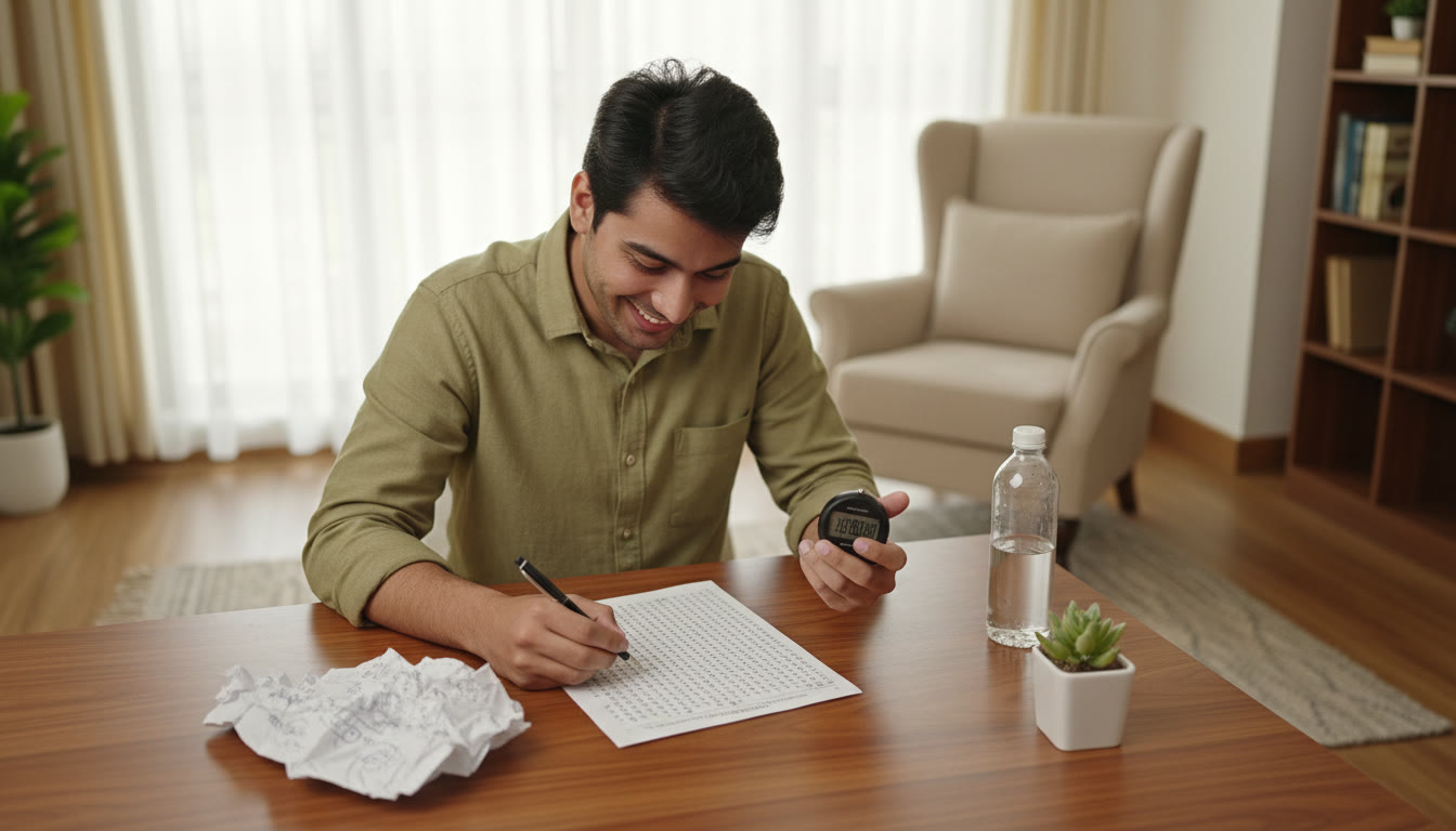Photo Idea : A student in exam posture using a stopwatch and rough sheet, carefully transferring answers onto an OMR sheet