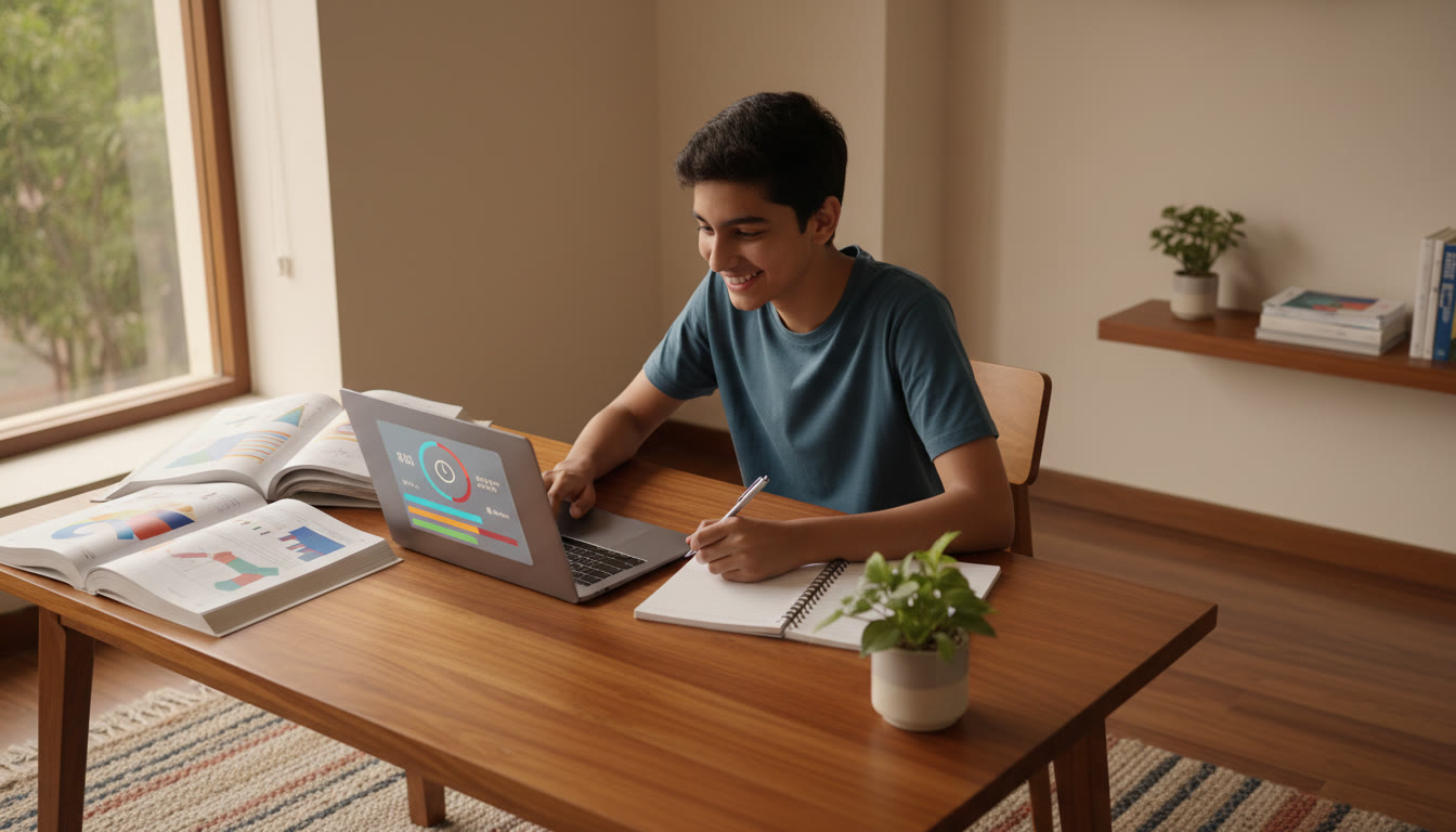 Photo Idea : A focused student at a desk with open books, a laptop showing a mock test timer, and a notebook for error logging