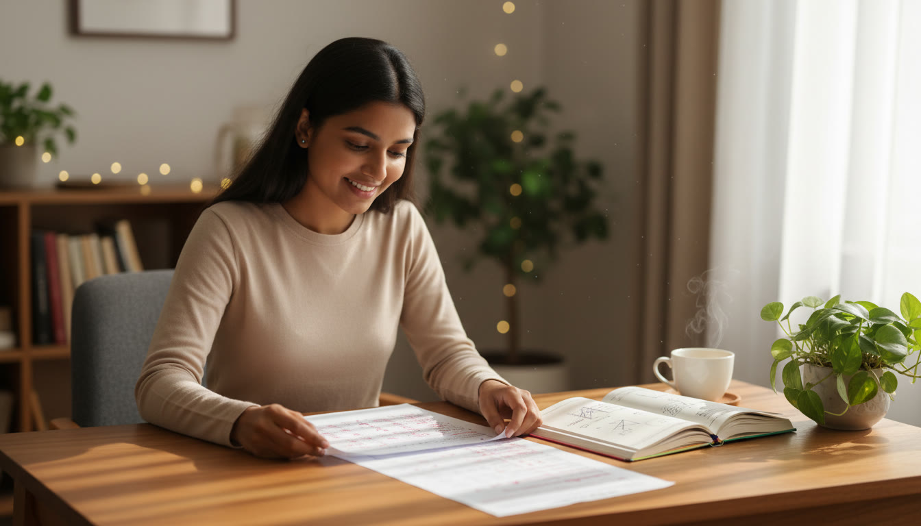 Photo Idea : A student reviewing a full-length test paper with a colored error log open
