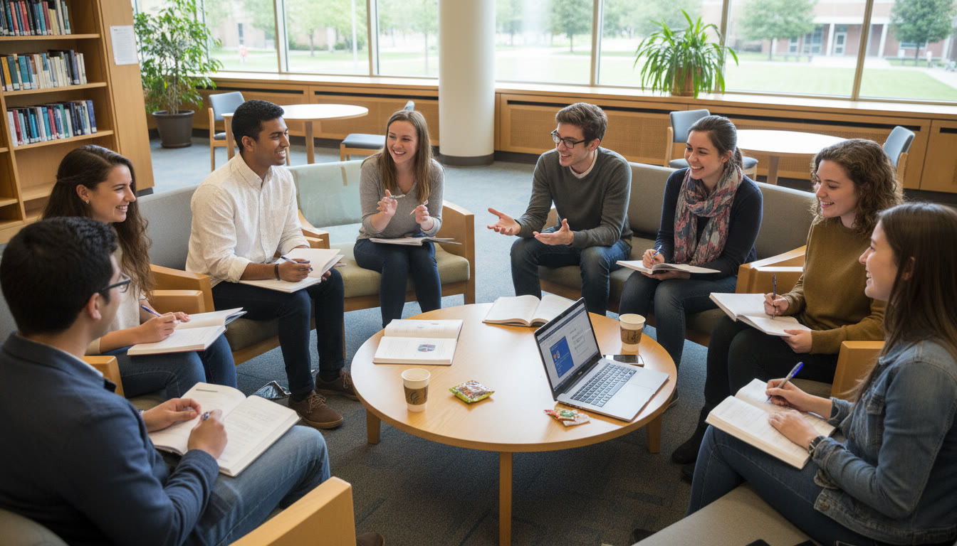 Photo Idea : A diverse group of IB students in a study circle with notebooks and laptops, animatedly discussing ideas